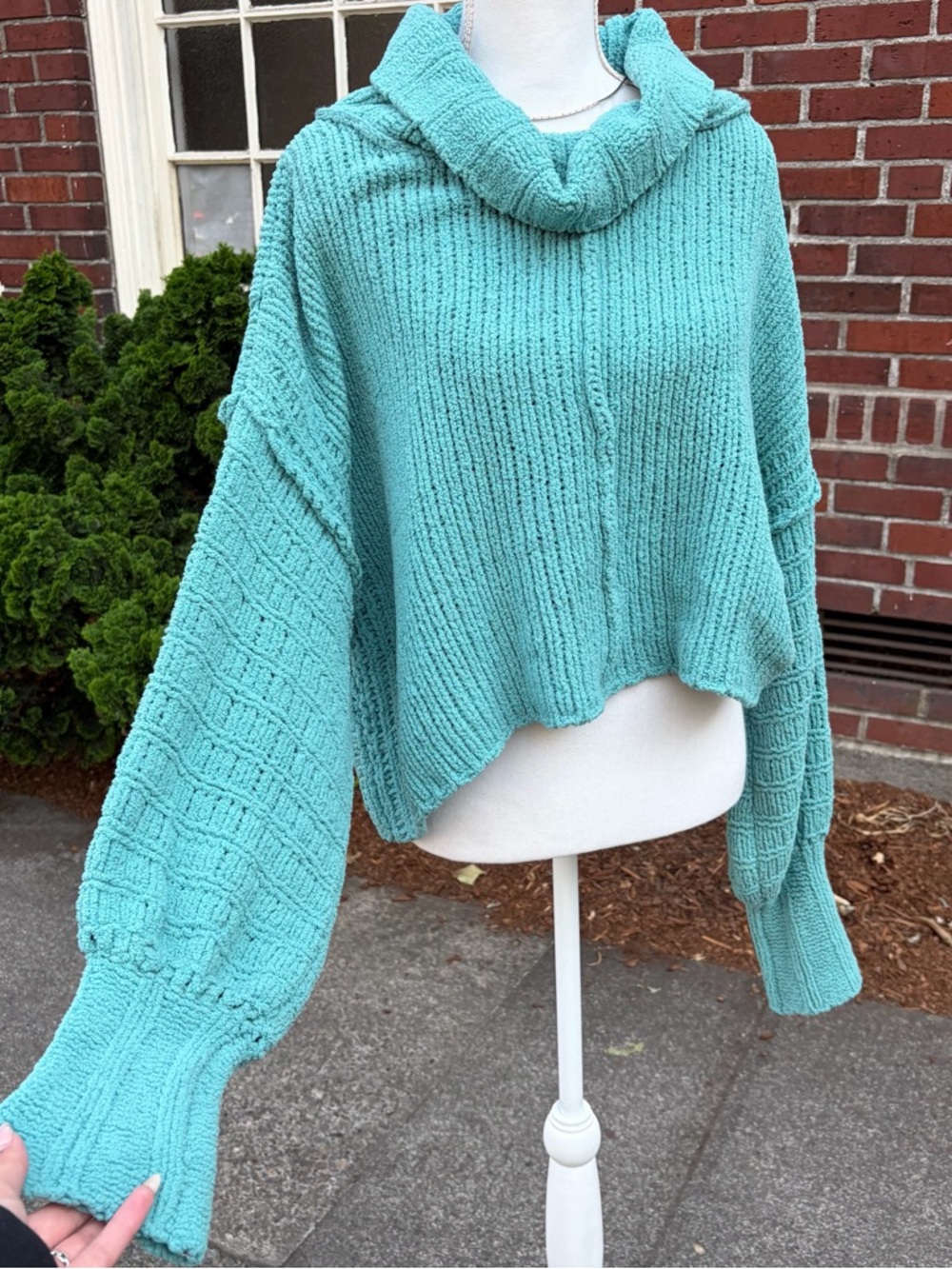 Free People Blue Oversized Slouchy Cropped Turtleneck Sweater
